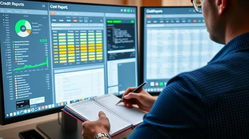 photorealistic, professional photography, 8K, cinematic lighting, sharp focus, depth of field, shot on a high-end DSLR, a person carefully reviewing digital credit reports on a large monitor, with multiple open tabs and a notebook for notes, symbolizing diligent financial monitoring and proactive credit management.