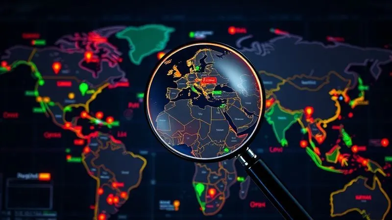 photorealistic, professional photography, 8K, cinematic lighting, sharp focus, depth of field, shot on a high-end DSLR. A detailed, illuminated world map with various colored lines and icons representing different countries' currency control regulations, some areas are highly restricted (red), others more open (green), with a magnifying glass hovering over a complex region, symbolizing meticulous regulatory intelligence and planning.