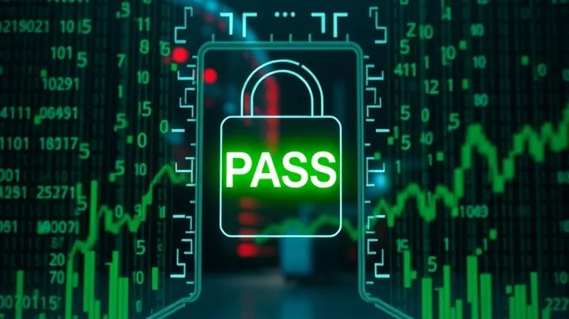 A photorealistic image of a digital gate with a green 'PASS' indicator, symbolizing successful data validation. Binary code streams around the gate, with a blurred financial dashboard in the background. Professional photography, 8K, cinematic lighting, sharp focus on the gate, depth of field. A sense of security and precision.