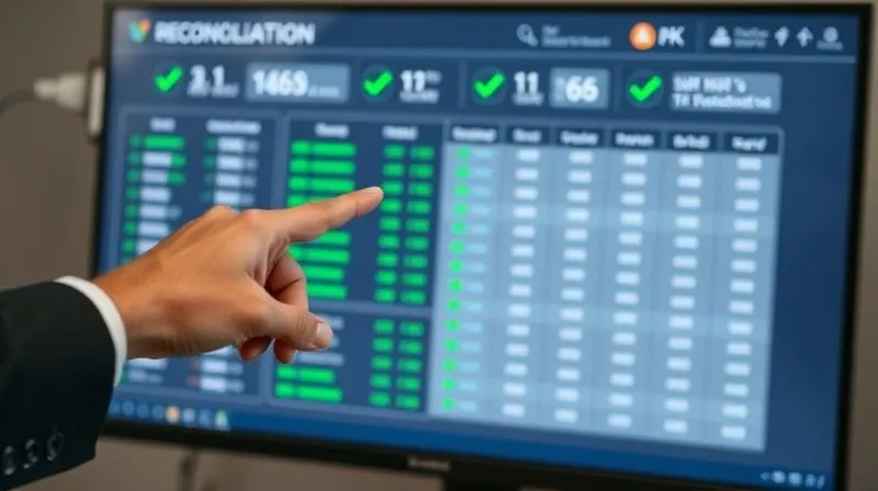 A photorealistic image of a sleek, modern reconciliation software interface on a large monitor, displaying matched transactions with green checkmarks and a few clearly highlighted unmatched items. A professional hand points to a dashboard showing high match rates. Professional photography, 8K, cinematic lighting, sharp focus on the screen, depth of field. A sense of clarity and control.