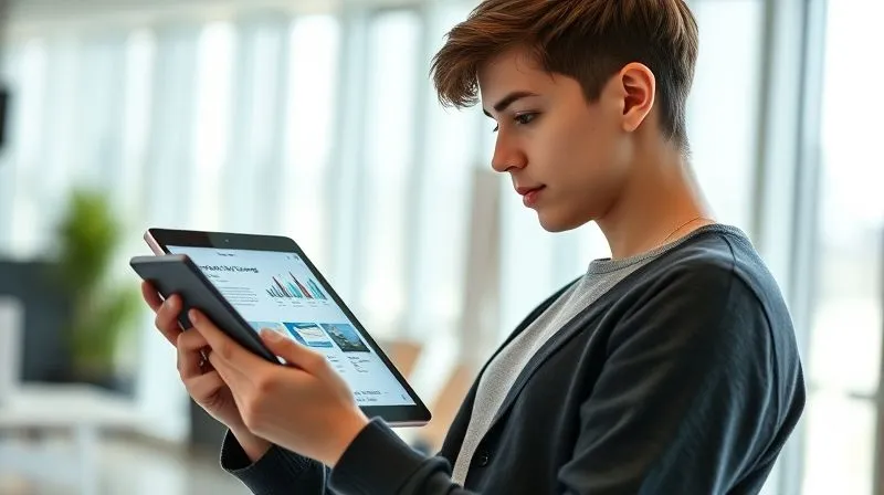 A young adult, possibly a millennial or Gen Z, thoughtfully scrolling through a tablet, researching non-profit organizations. The screen shows a clean, data-rich interface of a charity evaluation website. The individual is in a modern, bright office setting, demonstrating focused digital engagement. Photorealistic, professional photography, 8K, cinematic lighting, sharp focus, depth of field, shot on a high-end DSLR.
