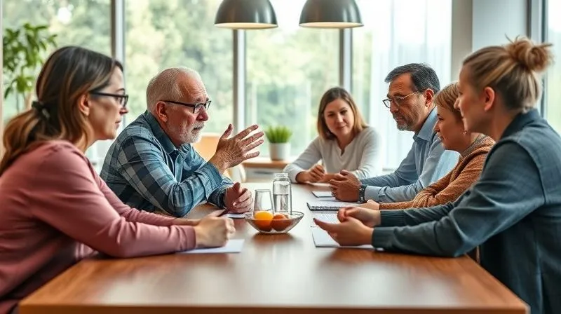 A diverse family group, including multiple generations, sitting around a large table in a bright, modern room. They are engaged in a serious but respectful discussion, with an older family member gesturing thoughtfully and a younger member actively listening, perhaps taking notes. The atmosphere is one of constructive dialogue and mutual respect. Photorealistic, professional photography, 8K, cinematic lighting, sharp focus, depth of field, shot on a high-end DSLR.