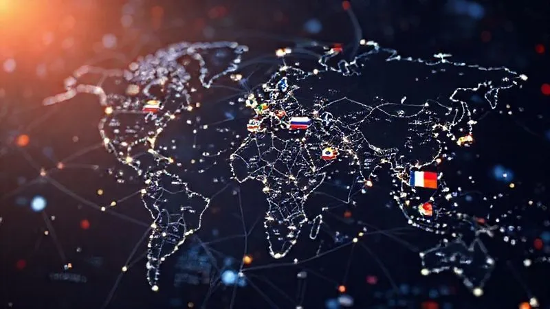 Photorealistic image of a complex global map overlaid with shimmering digital lines representing blockchain networks, with various national flags highlighting different regulatory zones, 8K, cinematic lighting, sharp focus on the interconnectedness, depth of field blurring the background, professional photography.