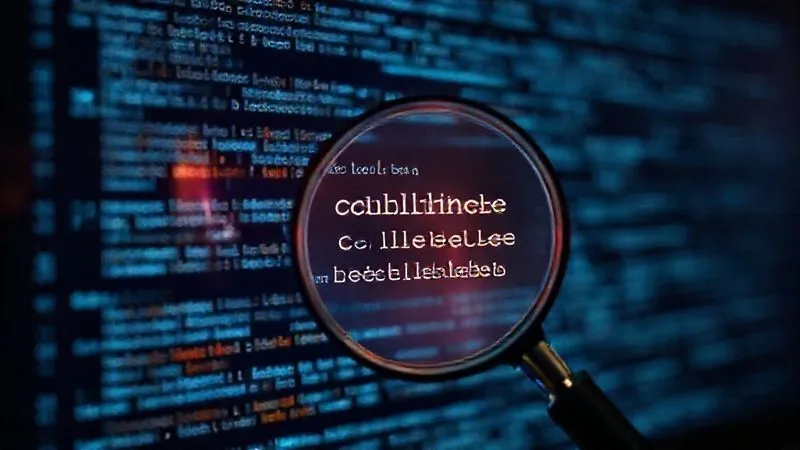 Photorealistic image of intricate smart contract code lines glowing on a digital screen, with a magnifying glass hovering over a specific section, highlighting a 'compliance check' module. Cinematic lighting, sharp focus on the code, depth of field blurring the background, 8K, professional photography.