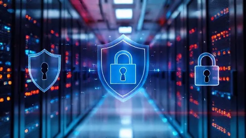 Photorealistic image of a secure, futuristic data center with glowing servers, overlaid with abstract representations of privacy shields and lock icons, symbolizing secure data management and privacy in the context of blockchain, 8K, cinematic lighting, sharp focus on the security elements, depth of field, professional photography.