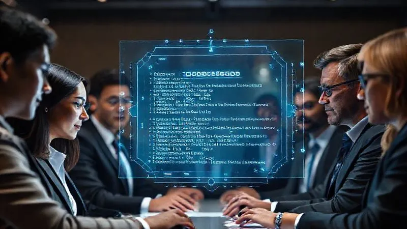 Photorealistic image of a diverse team of legal and technical professionals collaborating around a futuristic holographic display showing blockchain regulations and smart contract code. Cinematic lighting, sharp focus on the collaborative effort, depth of field blurring the background, 8K, professional photography.