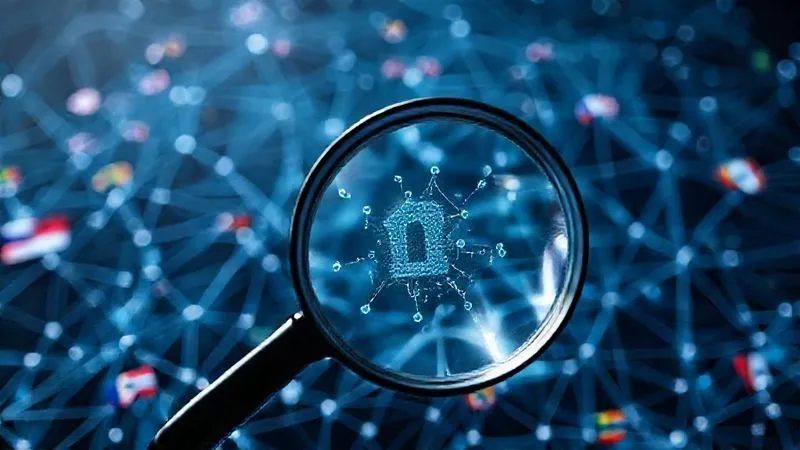 A photorealistic, professional photography, 8K, cinematic lighting, sharp focus, depth of field, shot on a high-end DSLR, showing a complex web of interconnected digital nodes representing blockchain, with various national flags subtly integrated into the background, symbolizing global regulatory oversight. A magnifying glass hovers over one node, emphasizing scrutiny.