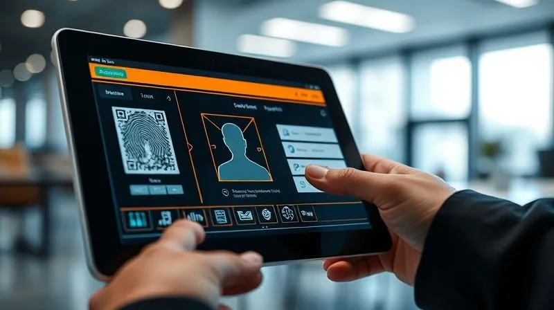 A close-up, photorealistic image of a digital identity verification process on a tablet screen, showing biometric scanning and document verification, with blurred background of a modern office, cinematic lighting, sharp focus, 8K, depth of field, shot on a high-end DSLR.