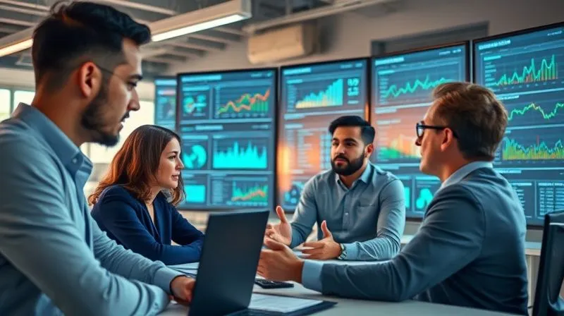 A photorealistic, professional image of a diverse team of compliance analysts collaborating in a modern, well-lit office, looking at multiple screens displaying blockchain analytics data and risk dashboards. Cinematic lighting, sharp focus on the team's interaction, depth of field blurring the background, 8K, shot on a high-end DSLR.