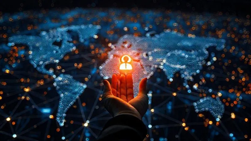 A photorealistic, professional photography, 8K, cinematic lighting, sharp focus, depth of field, shot on a high-end DSLR of a vast, intricate network of data points connected by glowing lines, representing global financial data flow. In the foreground, a stern but confident hand places a small, glowing 'compliance' icon onto the network, symbolizing control and security amidst complexity.