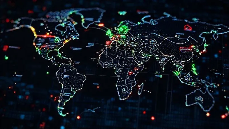 A photorealistic, professional photography, 8K, cinematic lighting, sharp focus, depth of field, shot on a high-end DSLR of a digital map of the world with glowing lines representing data flows between continents. Overlaid on this map are various legal documents and regulatory symbols, some highlighted in red (representing restrictions) and others in green (representing permitted transfers), illustrating the complexity of cross-border data compliance.