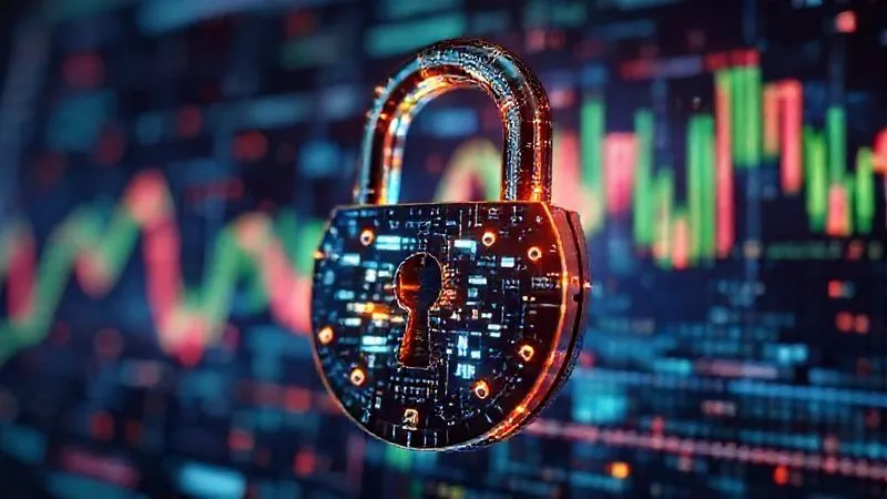A photorealistic, professional photography, 8K, cinematic lighting, sharp focus, depth of field, shot on a high-end DSLR of a glowing, intricate digital lock and key mechanism overlaid on a stream of abstract data. The key is turning, symbolizing active encryption and data protection. The background shows blurred financial graphs, emphasizing security within a financial context. The image should convey strong security and privacy.