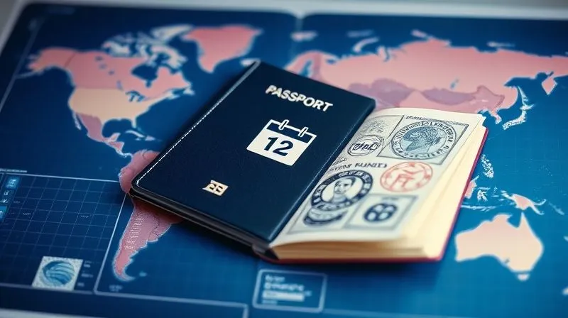 A photorealistic image of a sleek, modern passport open to a page with multiple stamps, superimposed over a blurred, dynamic world map. A calendar icon subtly integrated, hinting at frequent travel. Cinematic lighting, sharp focus on the passport, depth of field, 8K, professional photography, shot on a high-end DSLR, conveying efficiency and global reach.