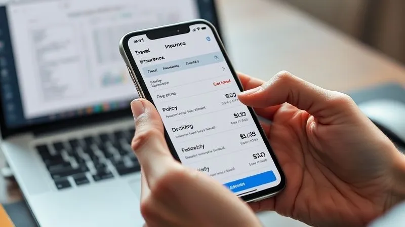 A photorealistic image of a smartphone displaying a travel insurance comparison app, with various policy options and prices. A person's hand is hovering over the screen, ready to select. In the background, a blurred laptop shows a detailed policy document. Cinematic lighting, sharp focus on the phone screen, depth of field, 8K, professional photography, shot on a high-end DSLR, conveying modern decision-making and digital convenience.