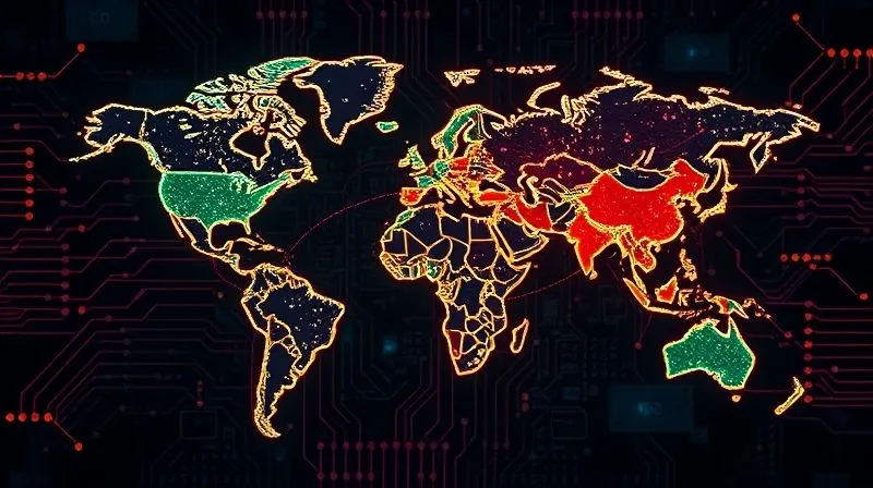 A photorealistic image of a fragmented world map made of digital circuit board traces, with different regions glowing in distinct colors, representing diverse regulatory approaches to decentralized finance. Professional photography, 8K, cinematic lighting, sharp focus, depth of field, shot on a high-end DSLR.