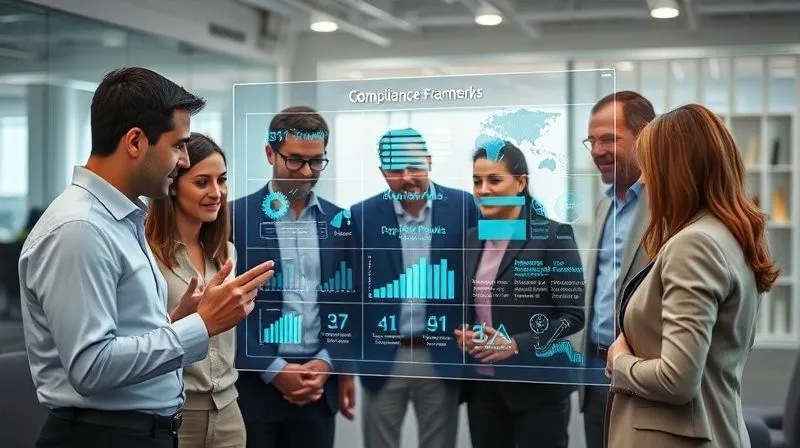 A photorealistic image of diverse professionals collaborating around a holographic display showing compliance metrics and regulatory frameworks, emphasizing teamwork and shared responsibility in a modern office. Professional photography, 8K, cinematic lighting, sharp focus on the team, depth of field blurring the background, shot on a high-end DSLR.