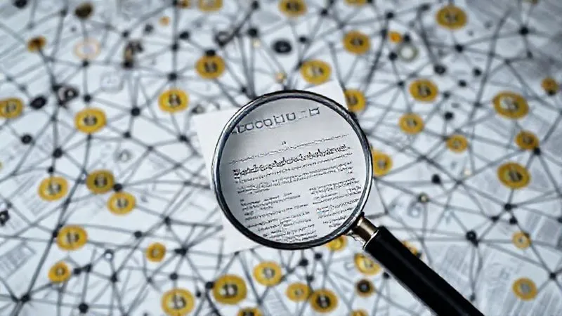 A photorealistic image of a complex, interconnected web of legal documents and digital currency symbols, with a magnifying glass hovering over a section, illustrating the intricate and often overlapping nature of regulatory frameworks for cryptocurrencies. Professional photography, 8K, cinematic lighting, sharp focus on the magnified area, depth of field blurring the background, shot on a high-end DSLR.