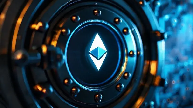 A photorealistic, professional photography, 8K image of a secure, futuristic digital vault door with a glowing Ethereum symbol, representing robust digital asset custody solutions. Cinematic lighting highlights the intricate locking mechanisms, sharp focus on the vault door, depth of field blurring a background of glowing circuit boards, shot on a high-end DSLR.