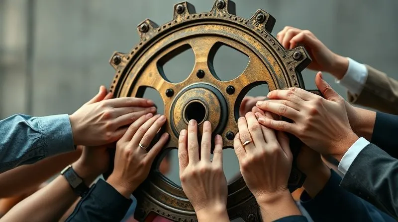 A diverse group of hands, representing different stakeholders, collaboratively pushing a large, ornate gear wheel forward, symbolizing collective shareholder engagement driving corporate governance improvements. Photorealistic, professional photography, 8K, cinematic lighting, sharp focus on the hands and gear, depth of field, shot on a high-end DSLR.