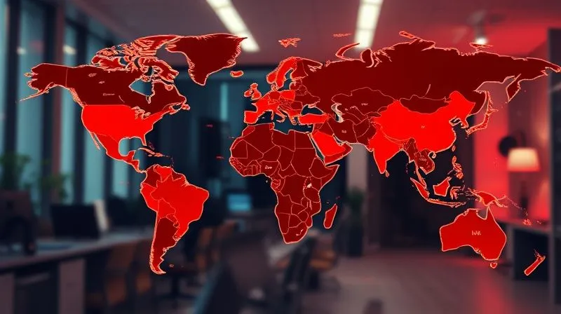 A photorealistic world map with various regions highlighted in different shades of red and orange, symbolizing varying levels of medical and security risk. Overlayed are subtle icons representing corporate travel routes and remote work sites. Cinematic lighting, sharp focus on the map's details, depth of field blurring the surrounding office environment. 8K hyper-detailed, professional photography.