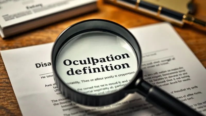 A close-up, photorealistic image of a magnifying glass hovering over complex, dense legal text on a disability insurance policy document. The focus is sharp on the magnified words 'own occupation definition', with cinematic lighting highlighting the intricate details of the paper and text. Shot on a high-end DSLR, 8K hyper-detailed, depth of field blurring the background.