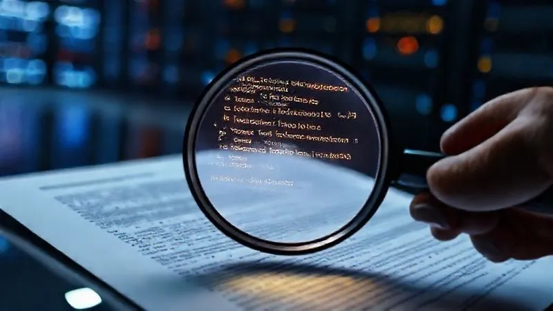 Photorealistic, professional photography, 8K, cinematic lighting, sharp focus, depth of field, shot on a high-end DSLR. A highly detailed, glowing smart contract code projected onto a sleek, modern legal document, with a magnifying glass held by a professional hand, highlighting specific lines of code that represent legal clauses. The background is a blurred, secure data center, conveying precision and due diligence.