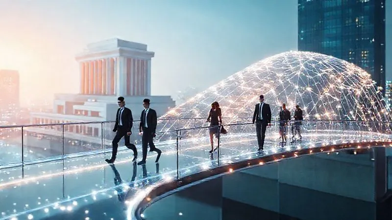 Photorealistic, professional photography, 8K, cinematic lighting, sharp focus, depth of field, shot on a high-end DSLR. A futuristic, transparent bridge made of light and code, connecting a classical, imposing traditional finance building on one side with a dynamic, glowing decentralized network on the other. Figures in business attire are confidently walking across the bridge, symbolizing the convergence of TradFi and DeFi compliance. The lighting is optimistic and forward-looking.