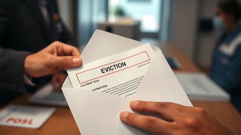 photorealistic, professional photography, 8K, cinematic lighting, sharp focus, depth of field, shot on a high-end DSLR, a close-up of a landlord's hand carefully placing a formal eviction notice into a certified mail envelope at a post office, with a blurred background of postal workers, conveying meticulous adherence to legal procedure.