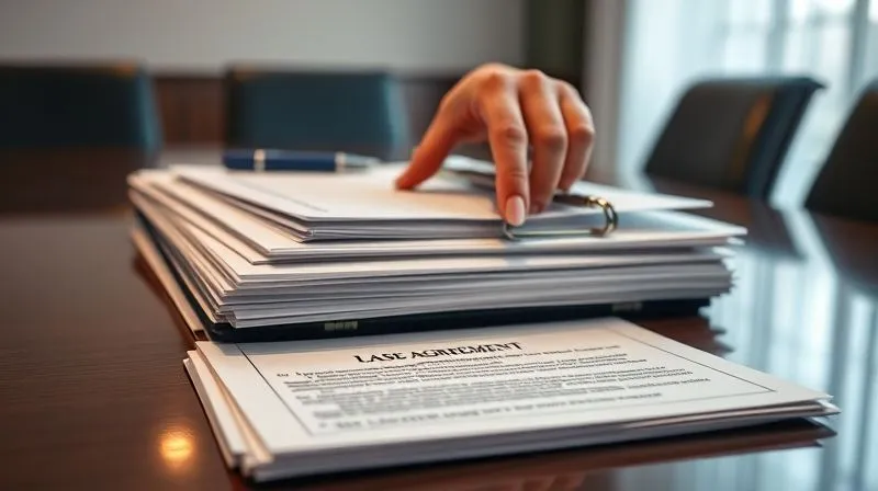 photorealistic, professional photography, 8K, cinematic lighting, sharp focus, depth of field, shot on a high-end DSLR, a stack of neatly organized legal documents and folders on a conference table, with a landlord's hand pointing to a specific clause on a lease agreement, conveying thorough preparation for a court hearing.