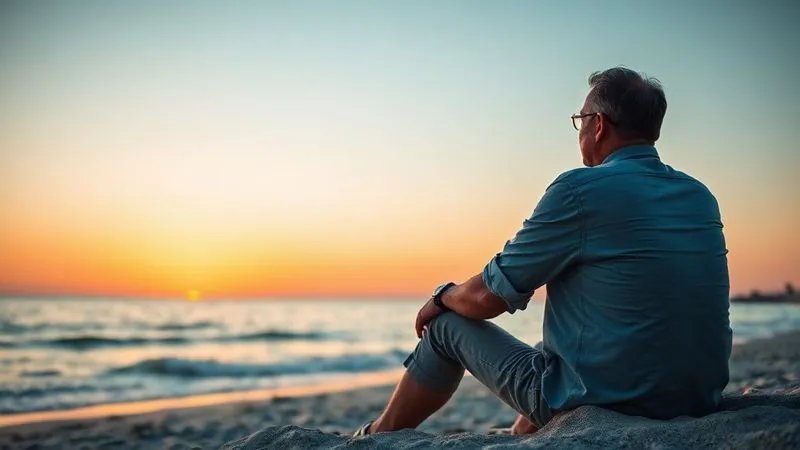 photorealistic, professional photography, 8K, cinematic lighting, sharp focus, depth of field, shot on a high-end DSLR, a serene entrepreneur sitting on a beach, looking at a calm ocean horizon at sunrise, a sense of peace and relief, with no visible signs of stress or business clutter.