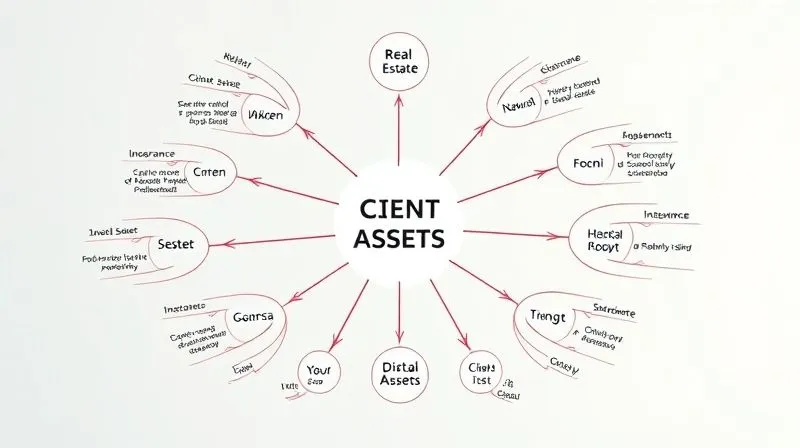 photorealistic, professional photography, 8K, cinematic lighting, sharp focus, depth of field, shot on a high-end DSLR, a clear, multi-layered infographic or mind map radiating from a central point labeled 'Client Assets', with branches for 'Real Estate', 'Investments', 'Digital Assets', 'Insurance', 'Personal Property', all clearly defined, against a clean, modern background, symbolizing comprehensive asset inventory.