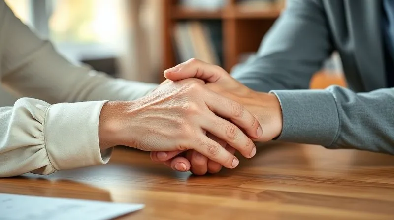 photorealistic, professional photography, 8K, cinematic lighting, sharp focus, depth of field, shot on a high-end DSLR, two hands clasped gently across a table, one older and slightly frail, the other younger and reassuring, with soft focus on their connection, a blurred background of a warm, comforting office environment, symbolizing empathetic and sensitive communication during critical legacy planning.