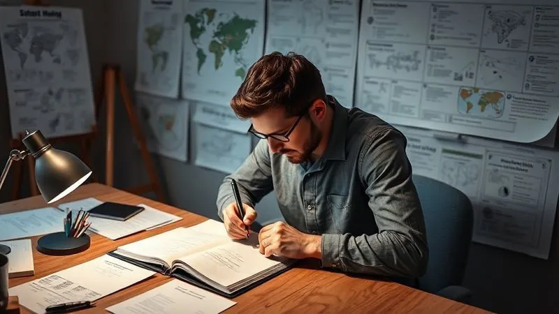 A person sitting at a desk, intently writing in a journal with a pen, surrounded by concept maps and vision boards, symbolizing deep introspection and goal setting for a career change or sabbatical. The lighting is soft and contemplative, highlighting the focused individual. Photorealistic, professional photography, 8K, cinematic lighting, sharp focus, depth of field, shot on a high-end DSLR.