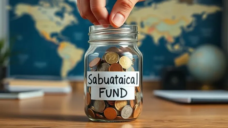 A close-up of hands carefully placing coins into a clear glass jar labeled "Sabbatical Fund," with a blurry background of a home office or a travel map, emphasizing dedicated and systematic saving for a future break. The scene is well-lit and evokes a sense of purpose. Photorealistic, professional photography, 8K, cinematic lighting, sharp focus, depth of field, shot on a high-end DSLR.