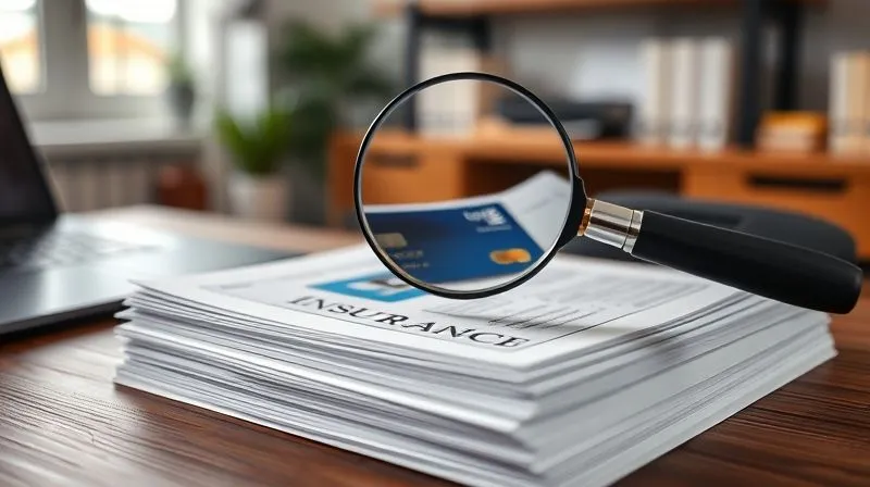 photorealistic, professional photography, 8K, cinematic lighting, sharp focus on a neatly organized stack of various insurance documents and a credit card, with a magnifying glass hovering over fine print, depth of field blurring a home office background, conveying meticulous review, shot on a high-end DSLR