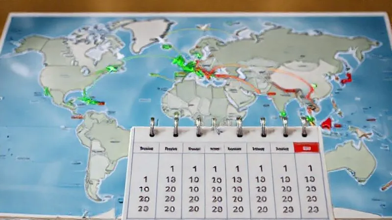 A photorealistic, professional photograph of a world map with various flight paths converging and diverging, some highlighted in green for budget flexibility, others in red for rigid routes. In the foreground, a calendar with open dates is visible, symbolizing adaptable travel planning. 8K, cinematic lighting, sharp focus on the map, depth of field blurring the background, shot on a high-end DSLR.
