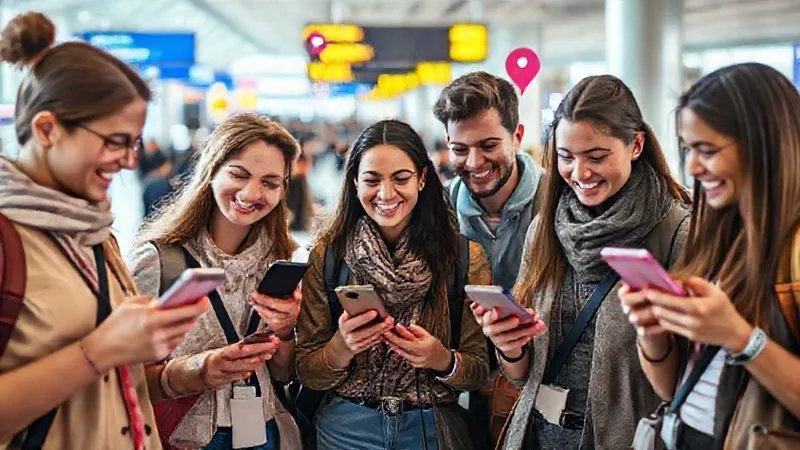 A photorealistic, professional photograph of a diverse group of young travelers happily interacting and sharing travel tips on their smartphones, with vibrant social media icons (like a chat bubble, a share arrow, and a map pin) subtly overlaid in a modern, clean design. The background is a bustling airport lounge or a scenic overlook. 8K, cinematic lighting, sharp focus on the group, depth of field blurring the background, shot on a high-end DSLR.
