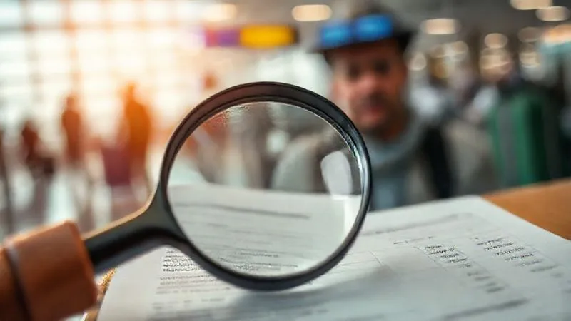 A photorealistic, professional photograph of a magnifying glass hovering over the fine print of a travel document or booking confirmation, with blurred images of a bustling airport and a worried traveler in the background. The focus is sharp on the small text, emphasizing the importance of detail. 8K, cinematic lighting, sharp focus, depth of field blurring the background, shot on a high-end DSLR.