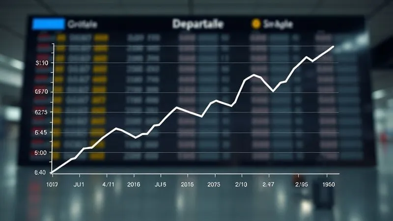 A photorealistic 3D line graph showing volatile flight price fluctuations over a 7-day period, with a sharp upward trend followed by a slight dip at the very end. The graph is overlaid on a blurred background of an airport departure board, with cinematic lighting and sharp focus on the data, 8K hyper-detailed, professional photography, shot on a high-end DSLR.