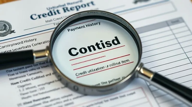 A photorealistic close-up of a detailed credit report, highlighting specific sections like payment history and credit utilization, with a magnifying glass over a disputed item, professional photography, 8K, cinematic lighting, sharp focus, depth of field.