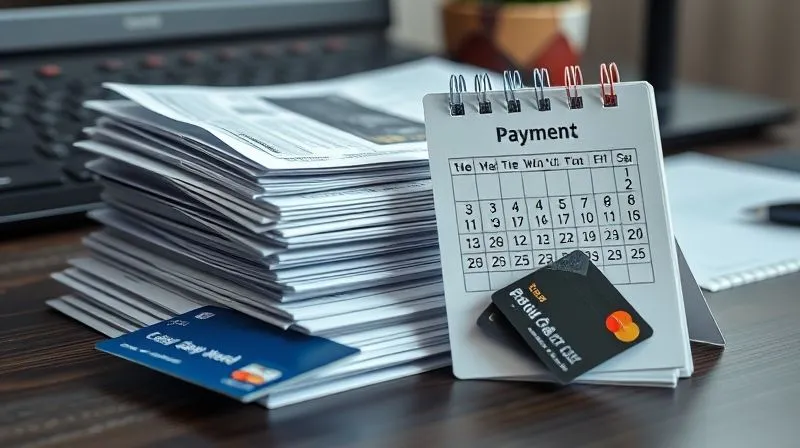 A photorealistic image of a stack of bills and credit cards neatly organized on a desk, with a calendar marked for payment dates, symbolizing financial planning and strategic debt management, professional photography, 8K, cinematic lighting, sharp focus, depth of field.