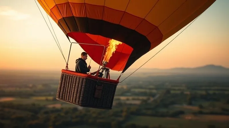 A photorealistic image of a visibly deflating hot air balloon, slowly descending over a landscape, symbolizing lost momentum. The ropes are slack, and the burner flame is barely visible, with a worried person looking down from the basket. Professional photography, 8K, cinematic lighting, sharp focus on the balloon, depth of field blurring the ground.