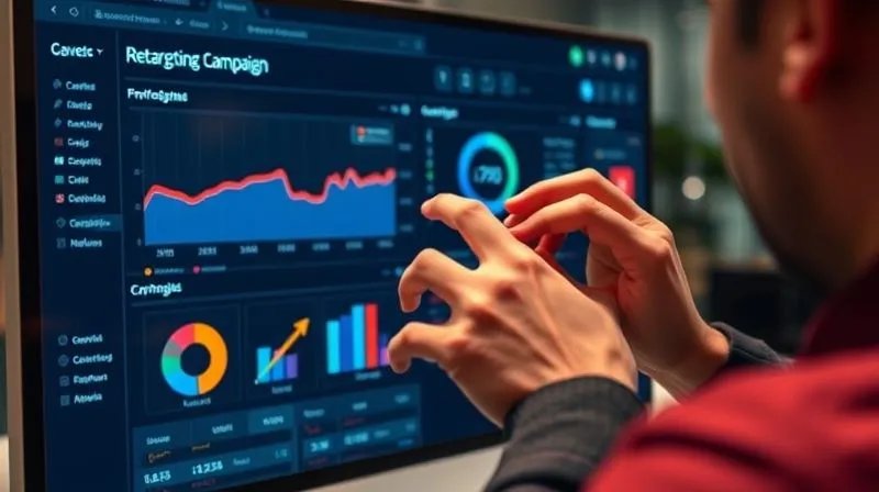 A photorealistic image of a person meticulously adjusting the focus and settings on a digital marketing dashboard, with various graphs showing campaign performance. The screen displays 'Retargeting Campaign' prominently, with data points indicating a positive trend. Professional photography, 8K, cinematic lighting, sharp focus on the screen and hands, depth of field blurring the office background.