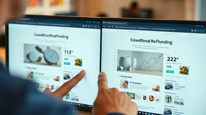 A photorealistic image of a split screen displaying two slightly different versions of a crowdfunding campaign page, with a hand pointing to a 'B' version showing higher conversion metrics on a graph. The pages are clean and professional, with clear product images and text. Professional photography, 8K, cinematic lighting, sharp focus on the screens, depth of field blurring the background.