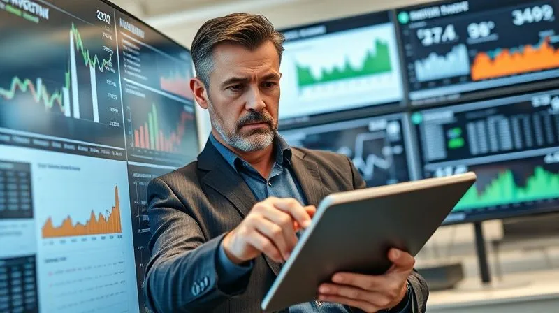 photorealistic, professional photography, 8K, cinematic lighting, sharp focus, depth of field, shot on a high-end DSLR. A focused business owner, dressed in smart casual attire, intently scrutinizing multiple digital screens displaying complex financial data, charts, and credit reports. Their hand hovers over a tablet, highlighting a specific data point, with a serious, determined expression. The background is a modern, clean office environment.