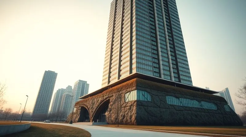 photorealistic, professional photography, 8K, cinematic lighting, sharp focus, depth of field, shot on a high-end DSLR. A towering, modern business building with a solid, deep foundation visibly extending into the ground, symbolizing stability and resilience. The building stands against a clear, optimistic sky, with subtle, warm cinematic lighting highlighting its strong structure. The foreground shows a smooth, well-maintained pathway leading to the entrance.