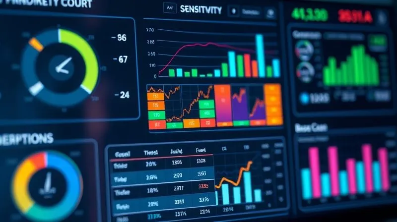 A photorealistic 3D financial dashboard displaying various key performance indicators (KPIs) with dials and bar charts, one section clearly showing a sensitivity analysis matrix, reflecting different market conditions (optimistic, pessimistic, base case), professional photography, 8K, cinematic lighting, sharp focus on the dashboard, depth of field blurring the background, shot on a high-end DSLR.