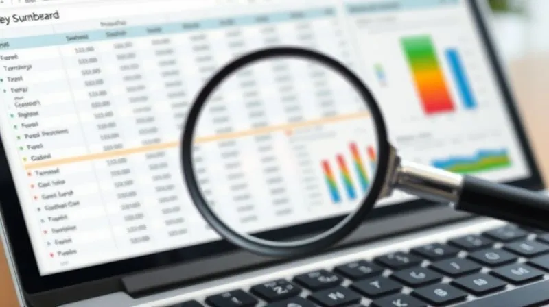 A photorealistic image of a clean, well-organized financial spreadsheet with clearly labeled tabs and color-coded sections, a magnifying glass hovering over a key summary dashboard, professional photography, 8K, cinematic lighting, sharp focus on the spreadsheet, depth of field blurring a laptop keyboard, shot on a high-end DSLR.