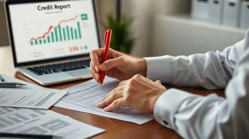 A person sitting at a desk, intently reviewing a printed credit report with a red pen in hand, surrounded by financial documents and a laptop displaying a credit score chart. The scene is well-lit and professional, with a sense of focused determination. Photorealistic, professional photography, 8K, cinematic lighting, sharp focus, depth of field, shot on a high-end DSLR.