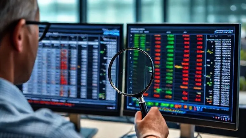 photorealistic, professional photography, 8K, cinematic lighting, sharp focus, depth of field, shot on a high-end DSLR, a person meticulously comparing two complex digital spreadsheets side-by-side on two monitors, one showing raw data and the other showing validated data, with a magnifying glass hovering over a discrepancy, conveying precision and detail-oriented work, modern office environment.